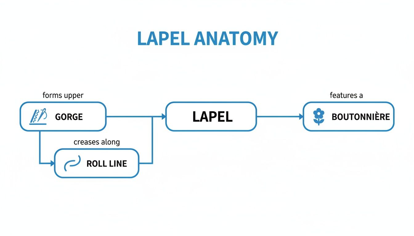 Diagram illustrating the anatomy of a jacket lapel, showing its gorge, roll line, and boutonnière.