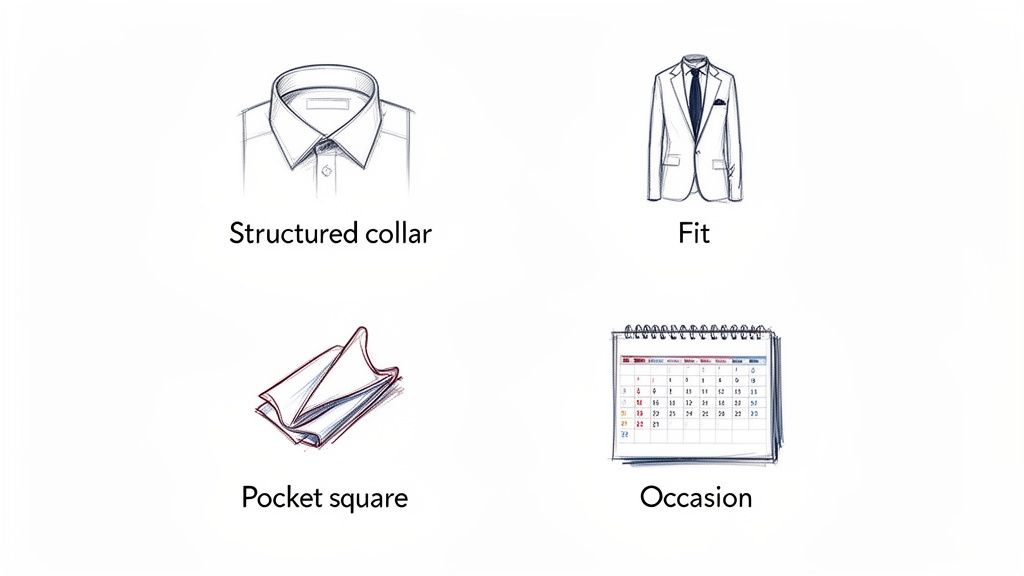 Four sketches illustrating key factors for men's formal wear: structured collar, suit fit, pocket square, and occasion.