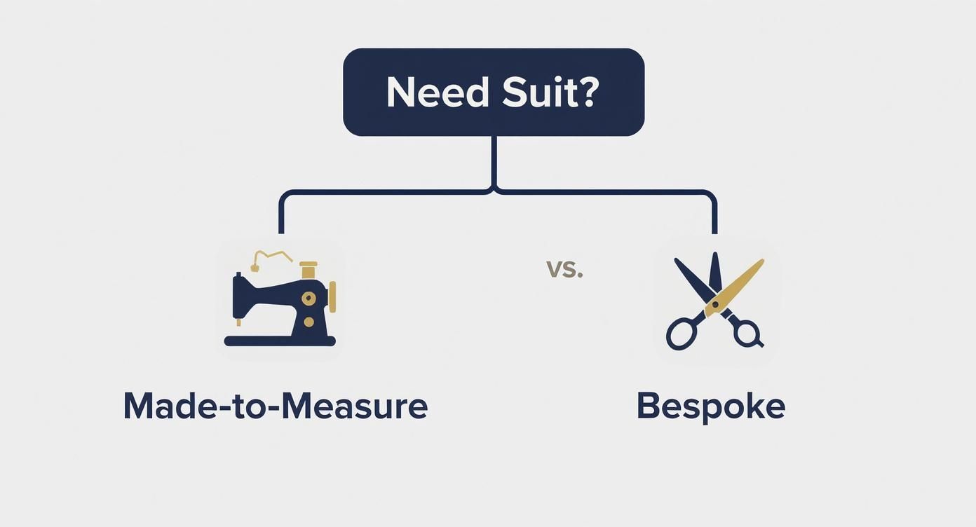 Comparison diagram showing made-to-measure sewing machine versus bespoke tailoring scissors for suit options