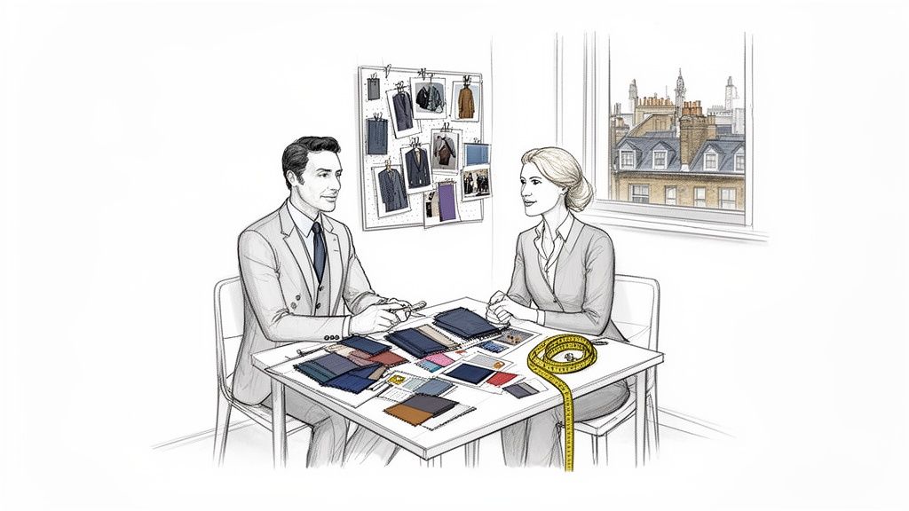 A man and woman discuss bespoke suit designs, surrounded by fabric swatches and a measuring tape.