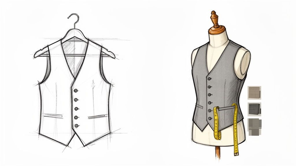Two illustrations depicting men's waistcoats, one a sketch on a hanger, the other on a mannequin with fabric swatches.