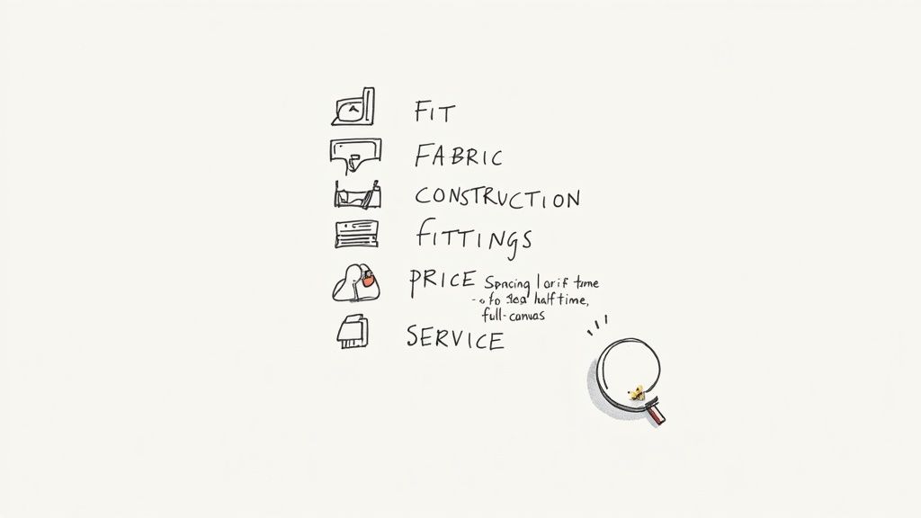 Hand-drawn list of tailoring factors with icons, including fit, fabric, construction, fittings, price, and service.
