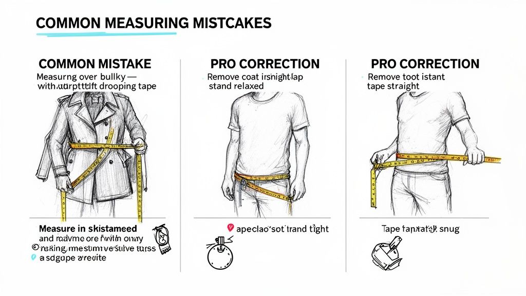 An infographic showing common measuring mistakes and pro corrections for body measurements using a tape measure.