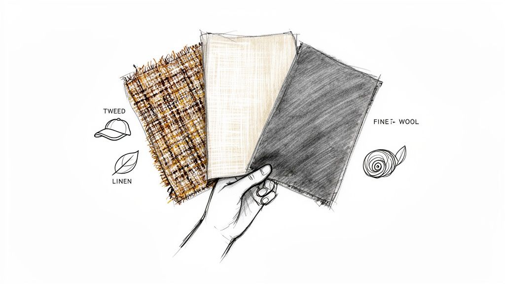 An illustrated hand holds three fabric swatches: tweed, linen, and fine wool, with associated icons.