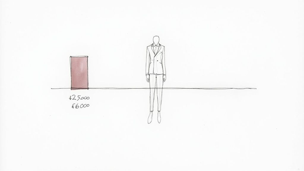 A sketch showing a brown bar with '£25000' and '£6000' below, next to a person in a suit, on a horizontal line.