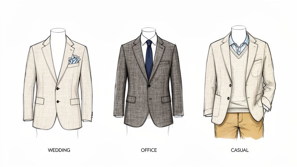Three diagrams of men's suit and blazer outfits for wedding, office, and casual occasions, showcasing different styles.