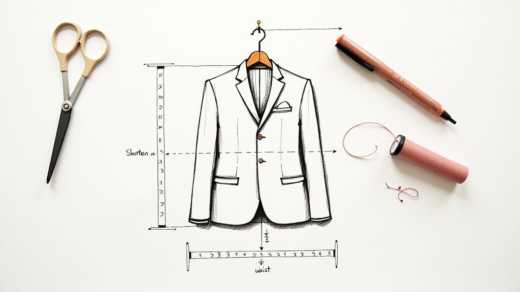 A drawing of a suit jacket with tailoring measurements, surrounded by scissors, a pen, and thread.