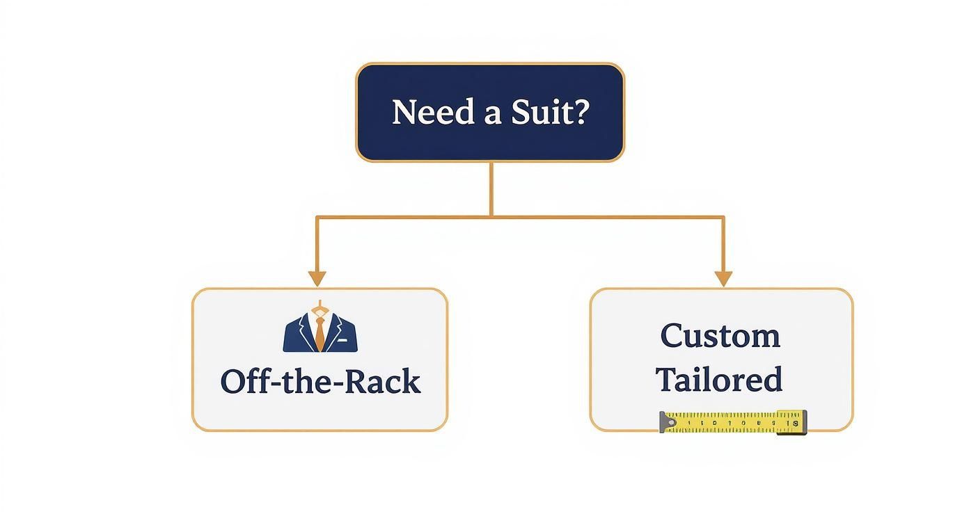 A flowchart asking 'Need a Suit?' shows two options: 'Off-the-Rack' and 'Custom Tailored'.