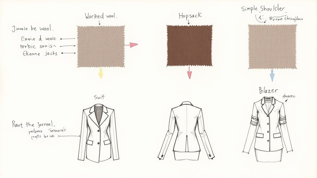 A close-up of a blazer's contrasting horn button against a textured fabric