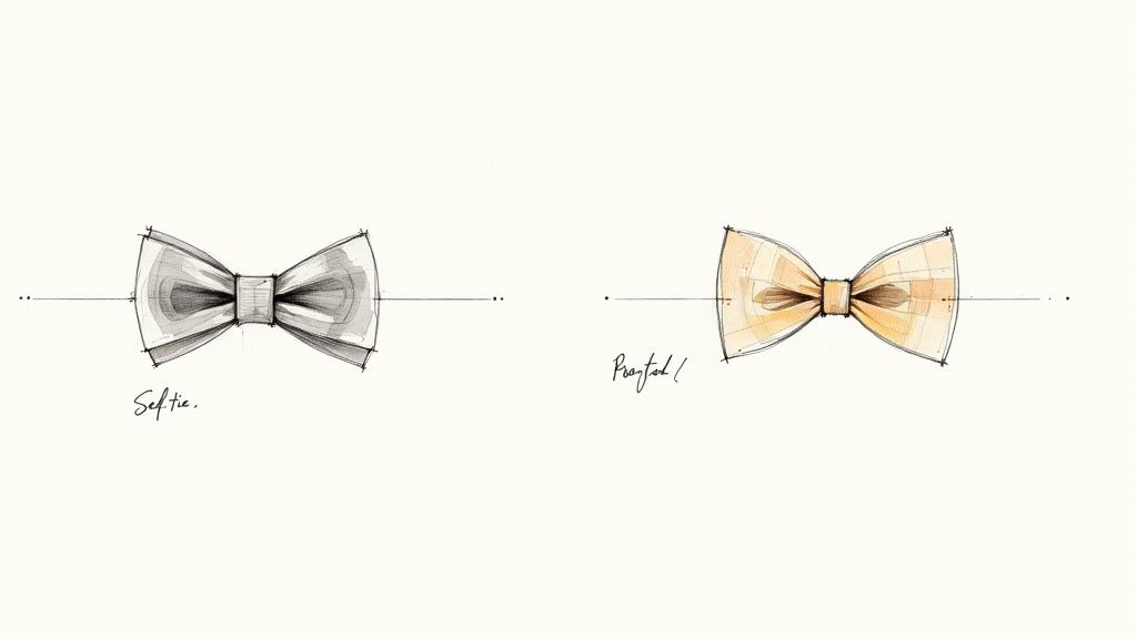 Hand-drawn sketches contrasting a gray self-tie bow tie with a golden pre-tied bow tie.