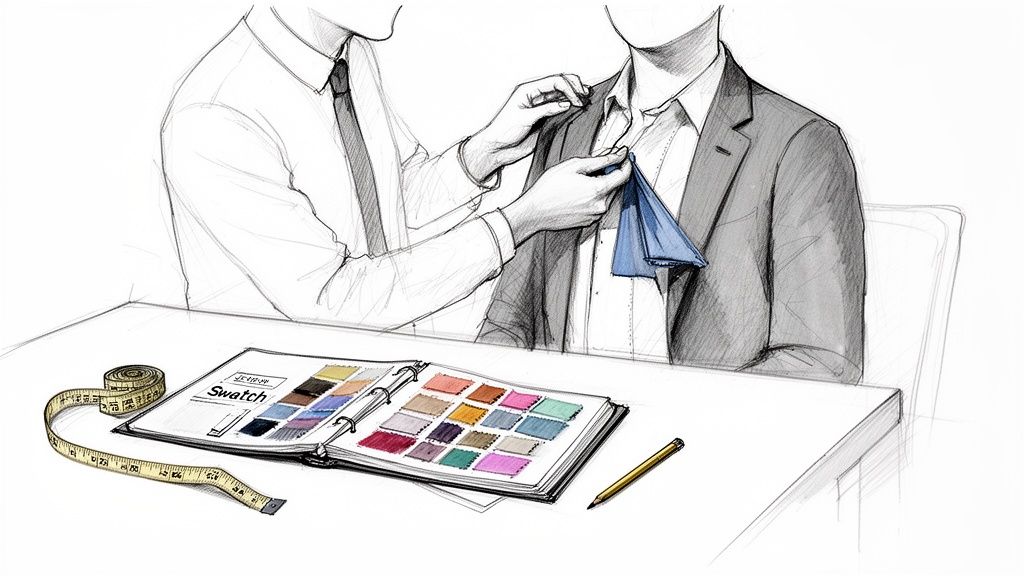 A tailor adjusting a suit collar for a client, showing a blue fabric swatch while a swatch book and measuring tape are on the table.