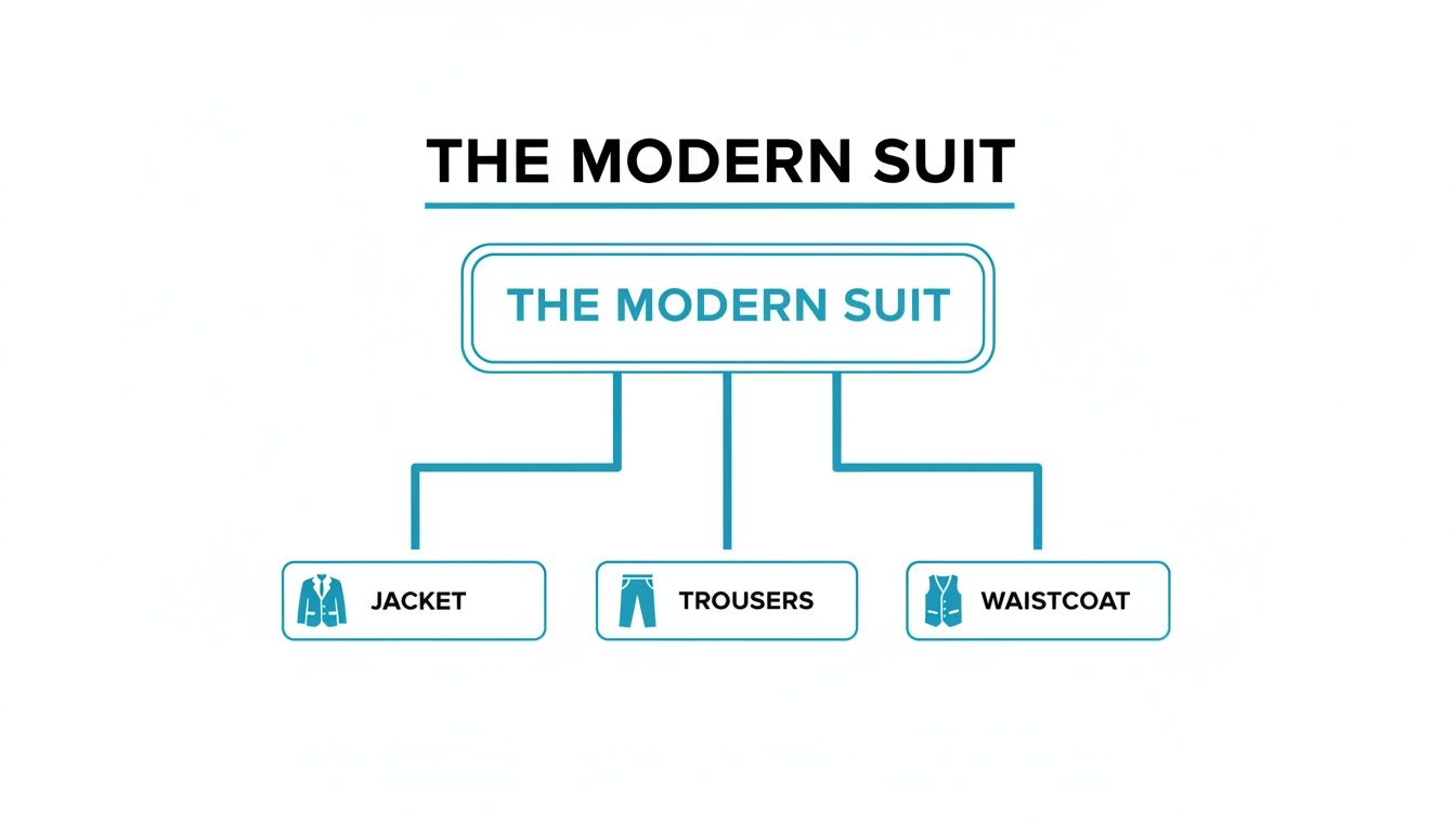 A diagram illustrates the components of a modern suit, including the jacket, trousers, and waistcoat.