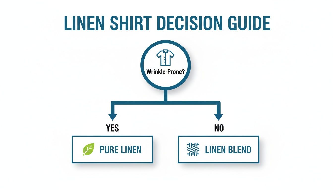 A linen shirt decision guide flow chart recommending pure linen for wrinkle-prone shirts and linen blend for non-wrinkle-prone.