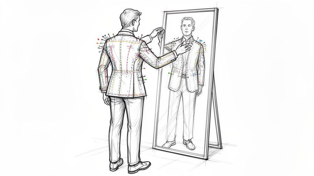 An illustration of a man being fitted for a tailored suit, looking into a mirror.