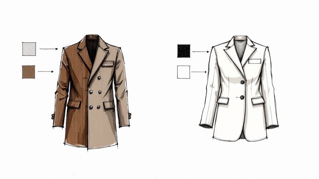 A man in a textured grey sports coat stands next to a man in a textured grey sports coat stands next to a man in a smooth navy blazer