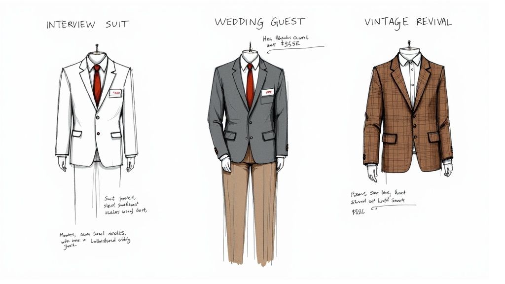 A tailor working on the lapel of a stylish gentleman's suit jacket.