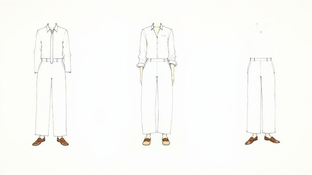 A dapper gentleman wearing a white linen suit, paired with a light blue shirt and loafers, in a sophisticated urban setting.