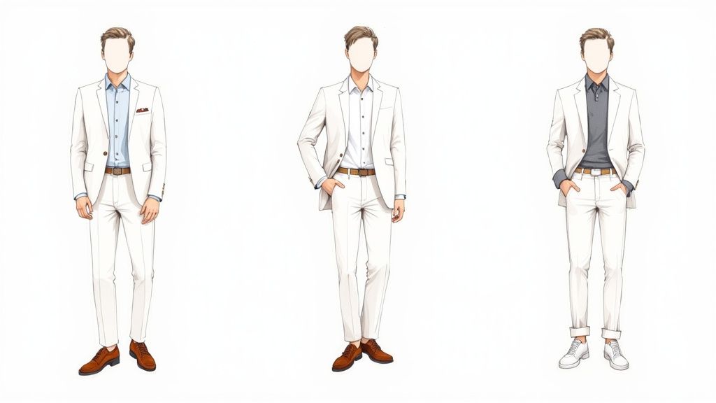 A gentleman in a stylish linen suit stands confidently in an outdoor setting.