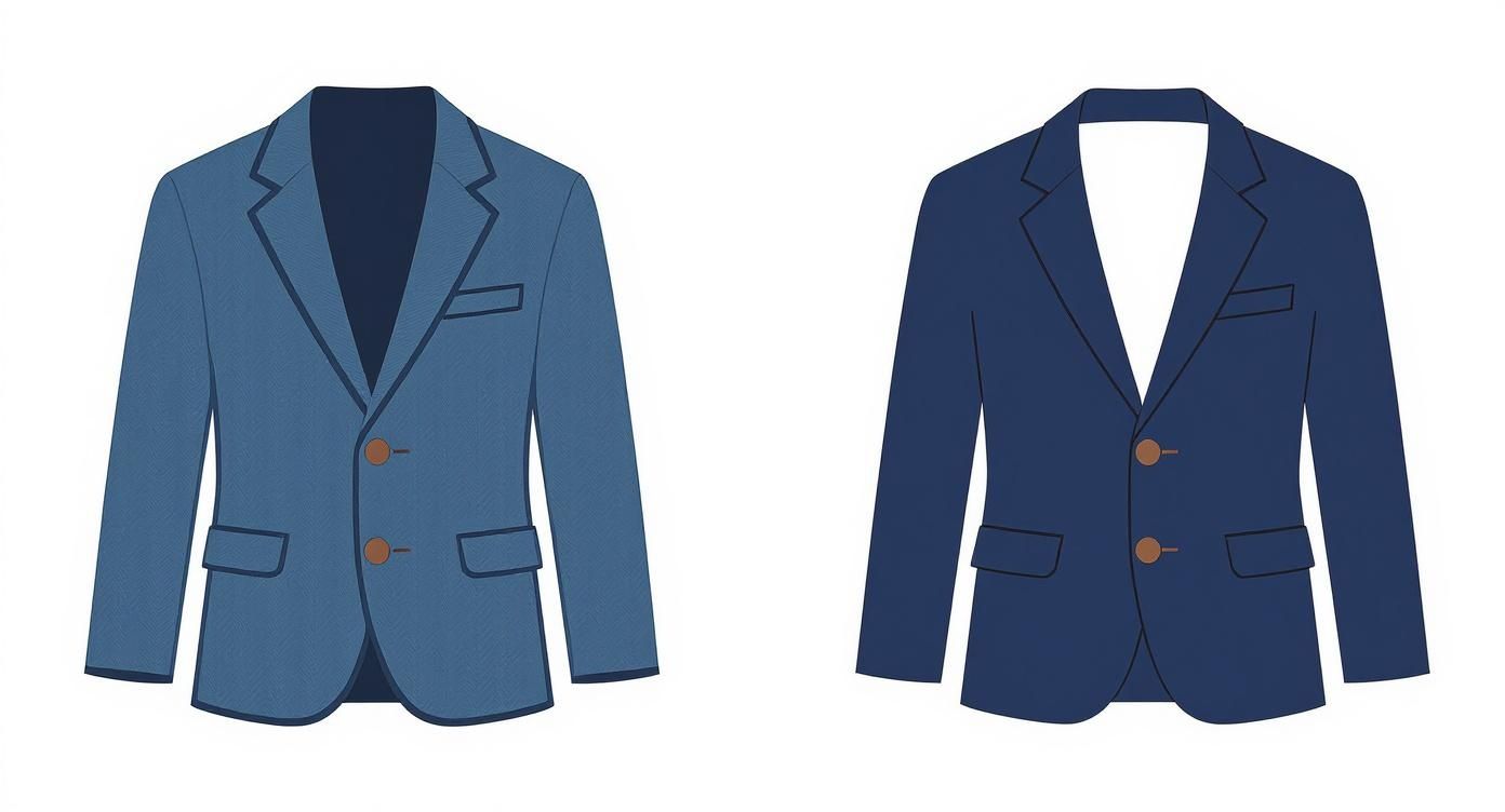 Side-by-side comparison of a blue sports coat and a navy blazer with brown buttons.