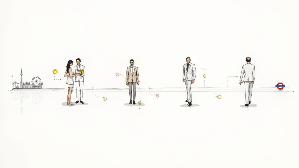 Professional men in custom tailored suits standing along London skyline illustration