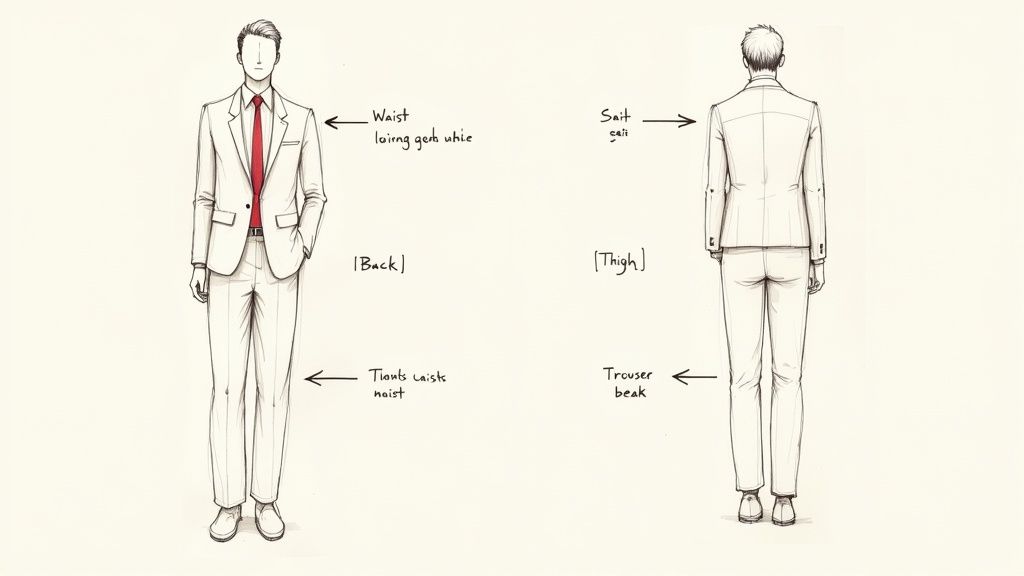 A diagram illustrating the front and back views of a man wearing a suit, showing various fit points.