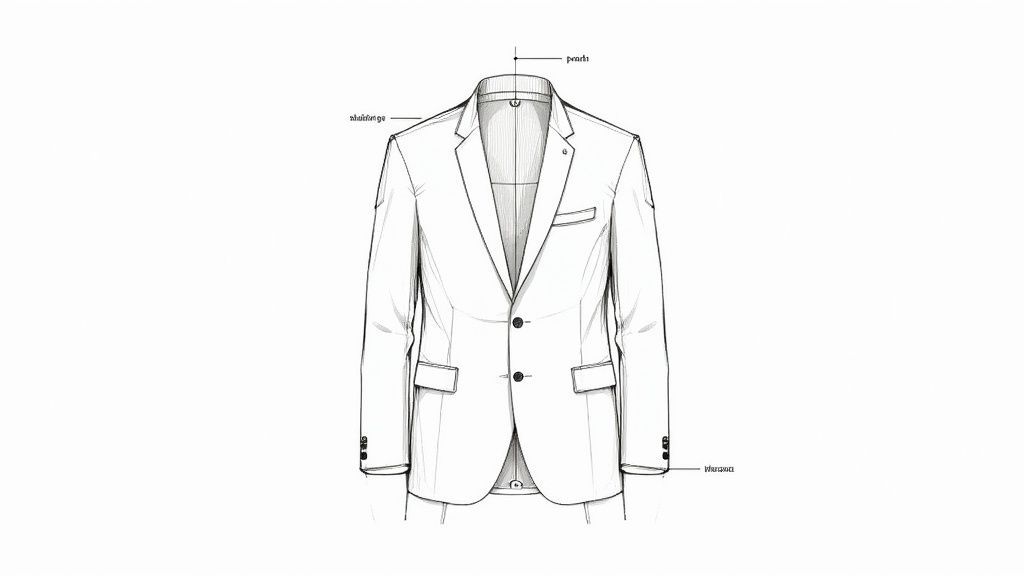 Technical drawing of a men's suit jacket, highlighting design elements like the shoulder and lapel.