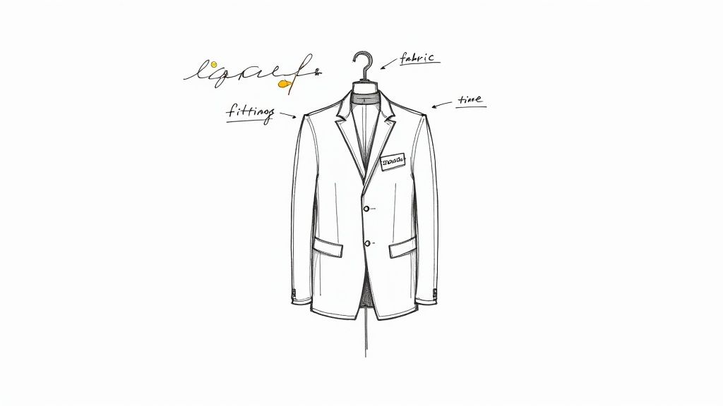 A tailor meticulously measuring a gentleman for a bespoke suit.