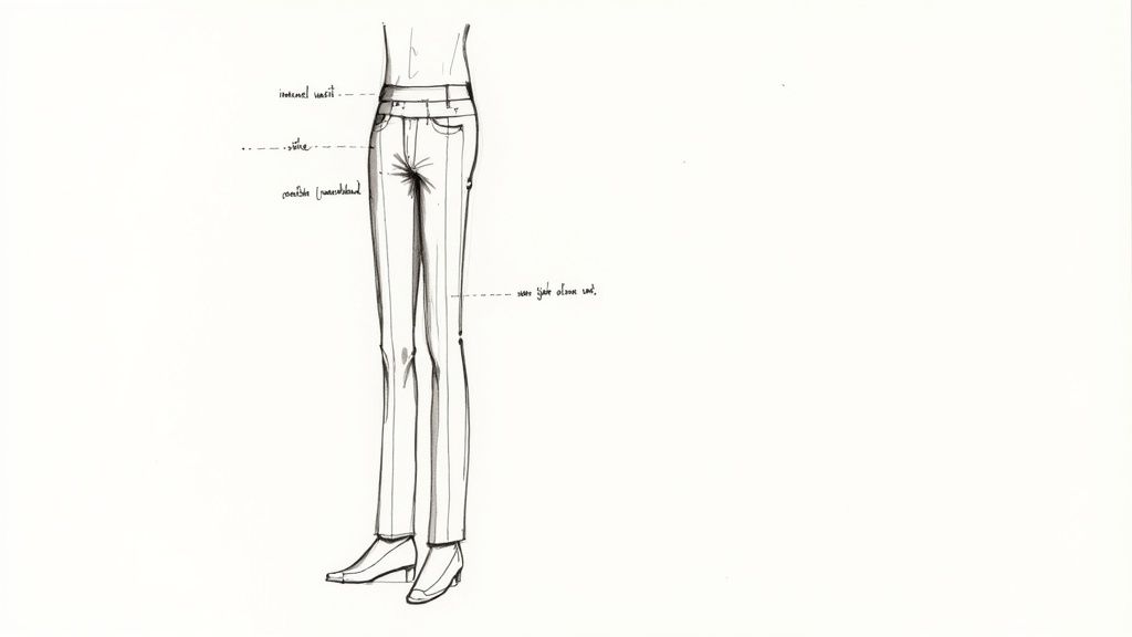Black and white sketch illustrating the fit of suit trousers, with labels for waist, rise, and crotch.