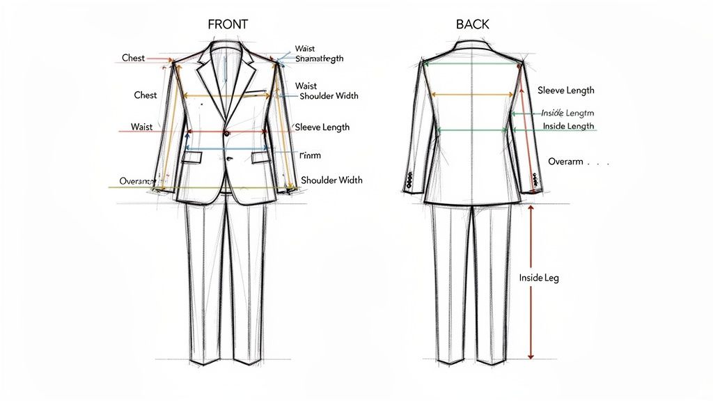 Detailed diagram showing front and back views of a suit with various body measurements for tailoring.