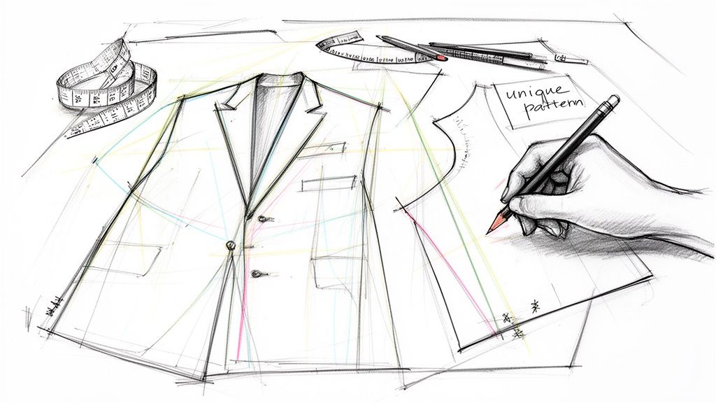 Hand drawing a unique suit pattern, measuring tape, and pencils on a tailor's desk.