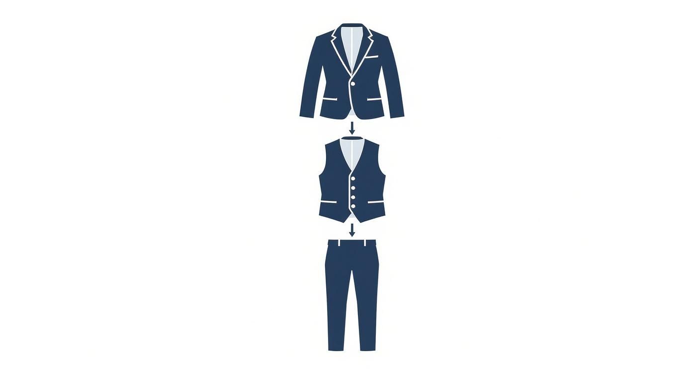 A three-piece suit graphic, disassembled into a jacket, vest, and trousers with arrows.