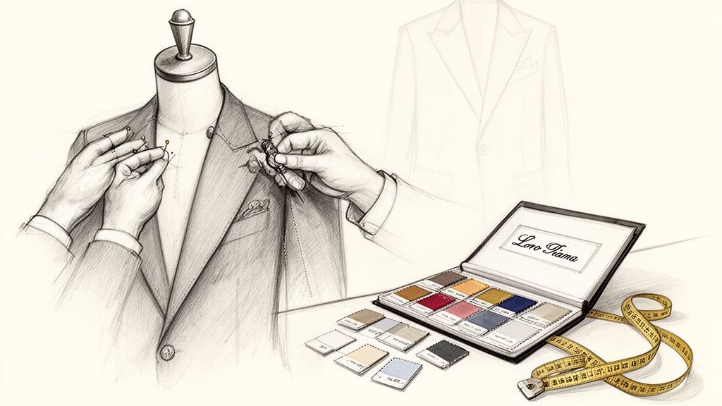 Detailed sketch illustrating tailoring: hands pinning a suit on a mannequin, fabric swatches, and a measuring tape.