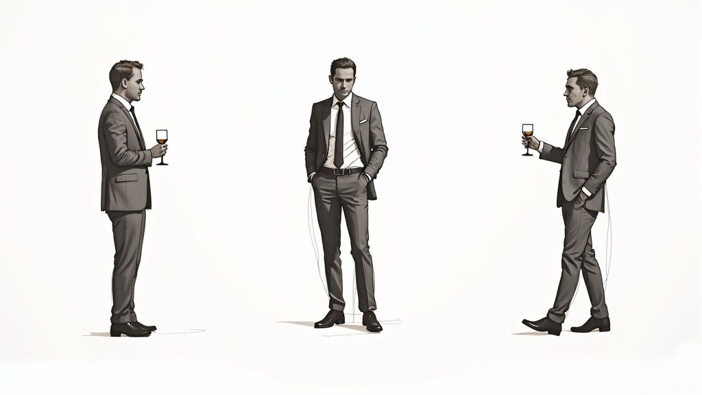 A confident gentleman wearing a black linen suit in an elegant outdoor setting, demonstrating its suitability for stylish events.