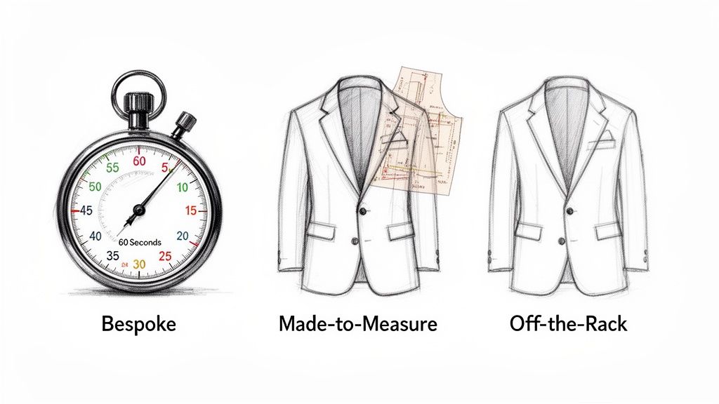 Comparison of bespoke, made-to-measure, and off-the-rack suits with a stopwatch, pattern, and finished jacket.