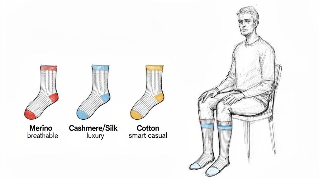 An illustration of different sock materials (Merino, Cashmere/Silk, Cotton) and a man wearing socks.