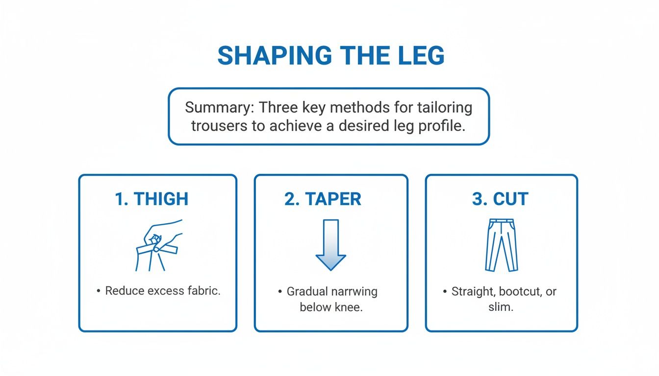 Diagram illustrating three methods for shaping trouser legs: thigh, taper, and cut.