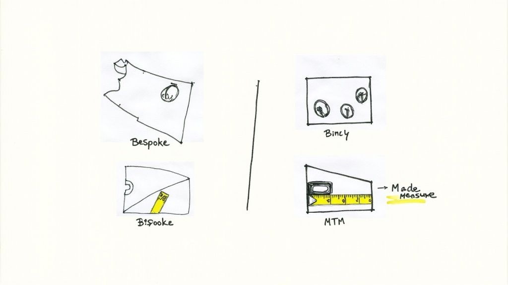 Hand-drawn diagrams illustrating bespoke, made-to-measure (MTM), and other tailoring concepts with rulers.
