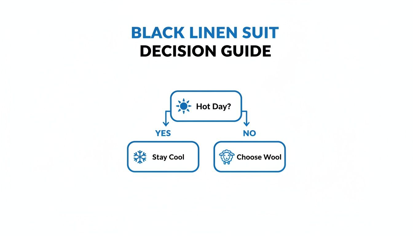 A decision guide for black linen suits, advising to stay cool on hot days or choose wool otherwise.