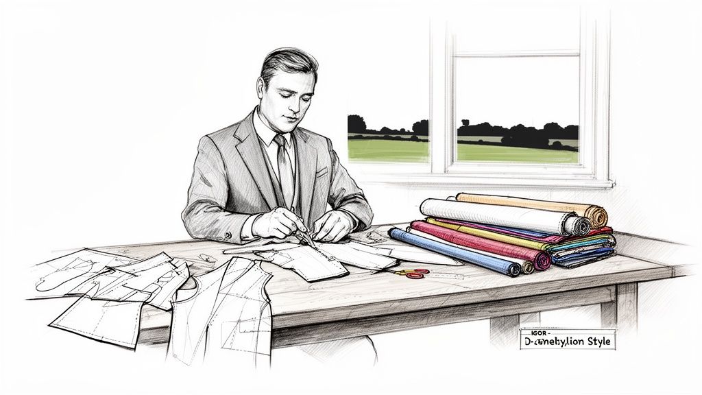 A man in a suit precisely cuts fabric patterns for bespoke tailoring on a wooden table.