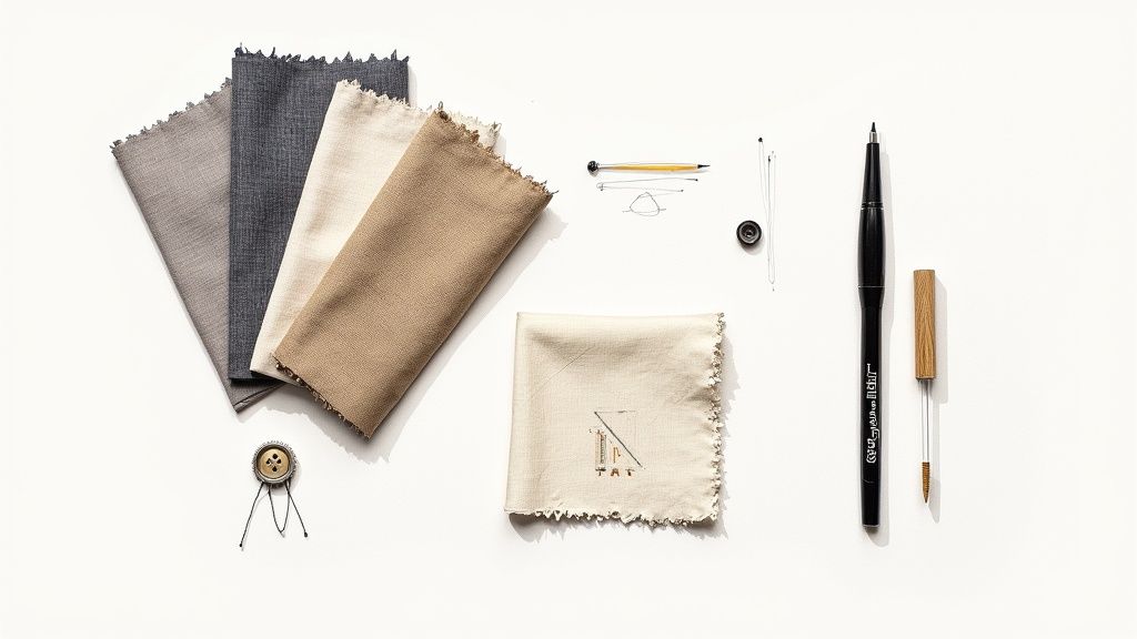 Flat lay of various tailoring fabrics, a decorative button, sketching tools, and a pen on a white background.