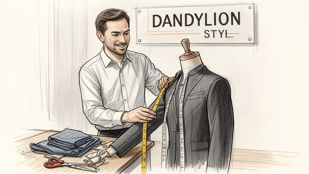 A smiling male tailor measures a dark suit on a mannequin with a yellow measuring tape, next to tailoring tools.