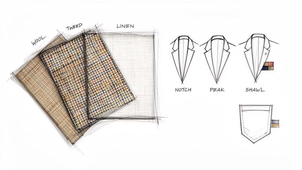 Sketches illustrate wool, tweed, and linen fabrics, alongside notch, peak, and shawl lapel styles, and a patch pocket.