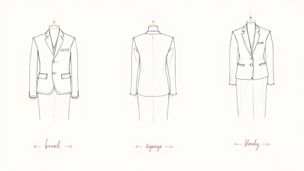 Three technical drawings of different suit jackets, including front views of men's and women's styles, and a back view.