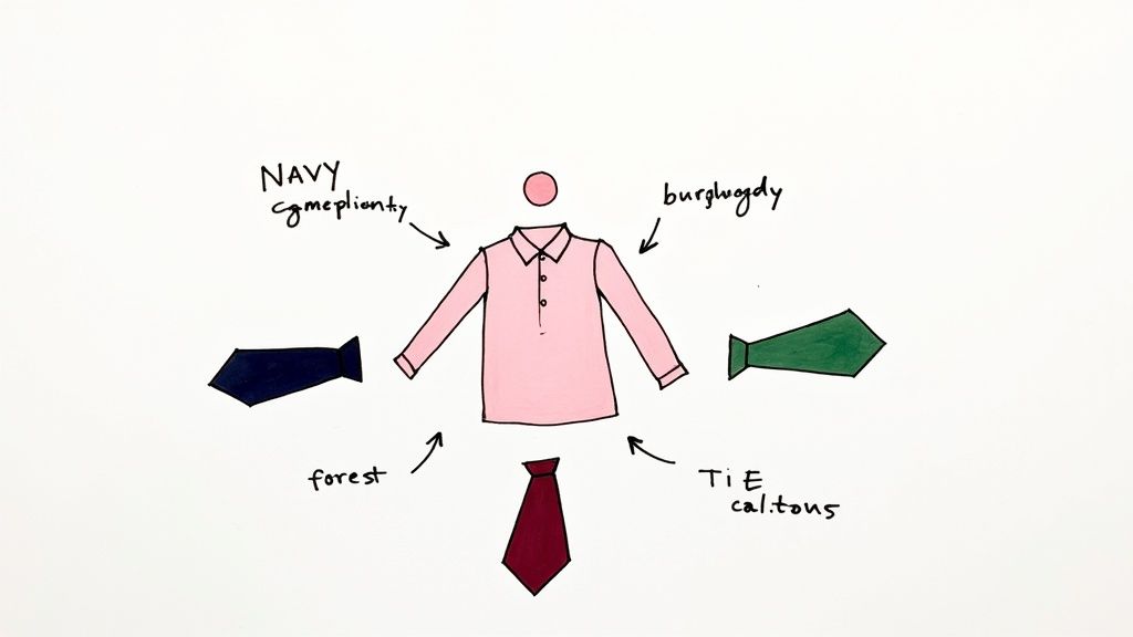 A gentleman adjusting his tie, illustrating a thoughtful approach to pairing colours