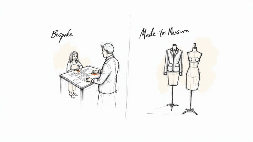 Bespoke tailoring consultation sketch and made-to-measure garments on dress forms illustration
