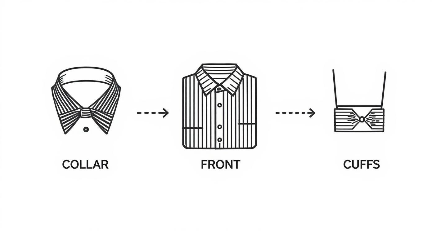 Black and white diagram illustrating the collar, folded front, and fastened cuffs of a striped dress shirt.