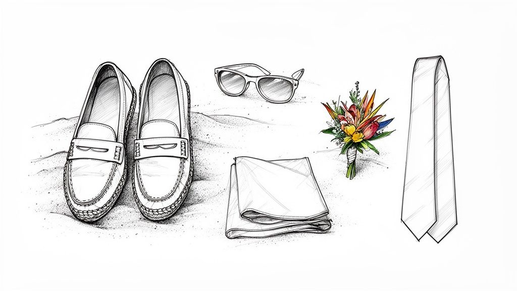 Illustration of men's beach wedding accessories including loafers, sunglasses, pocket square, bouquet, and tie.