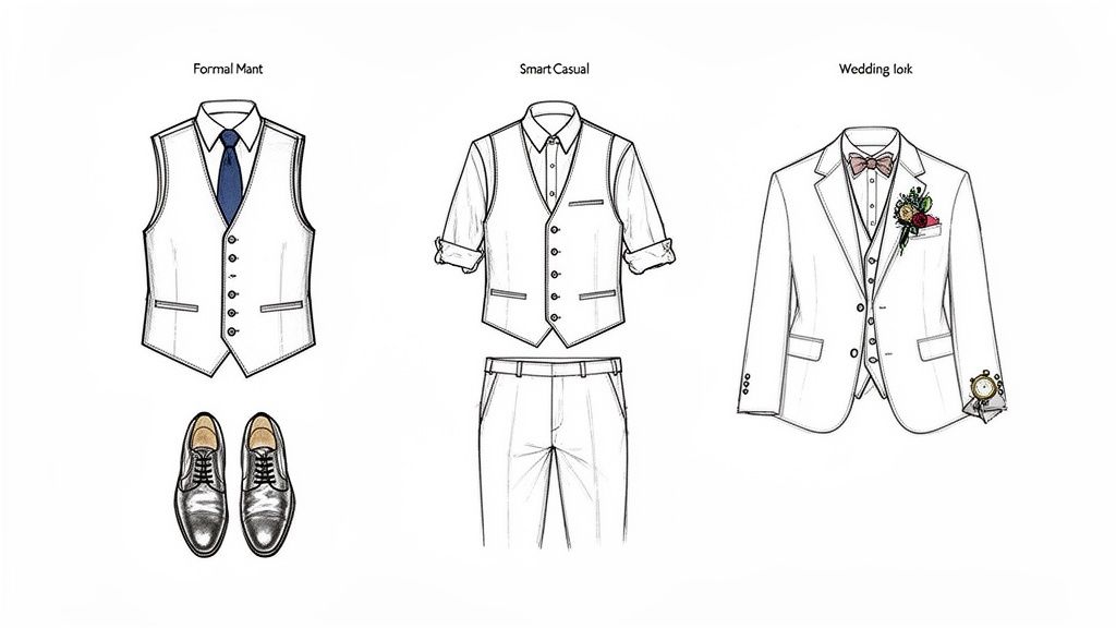 Three men's outfit styles featuring waistcoats: formal, smart casual, and wedding attire with accessories.