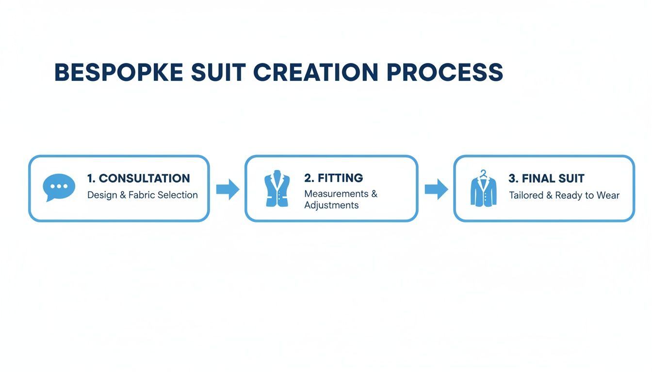 Infographic illustrating the 3-step bespoke suit creation process: consultation, fitting, and final suit delivery.