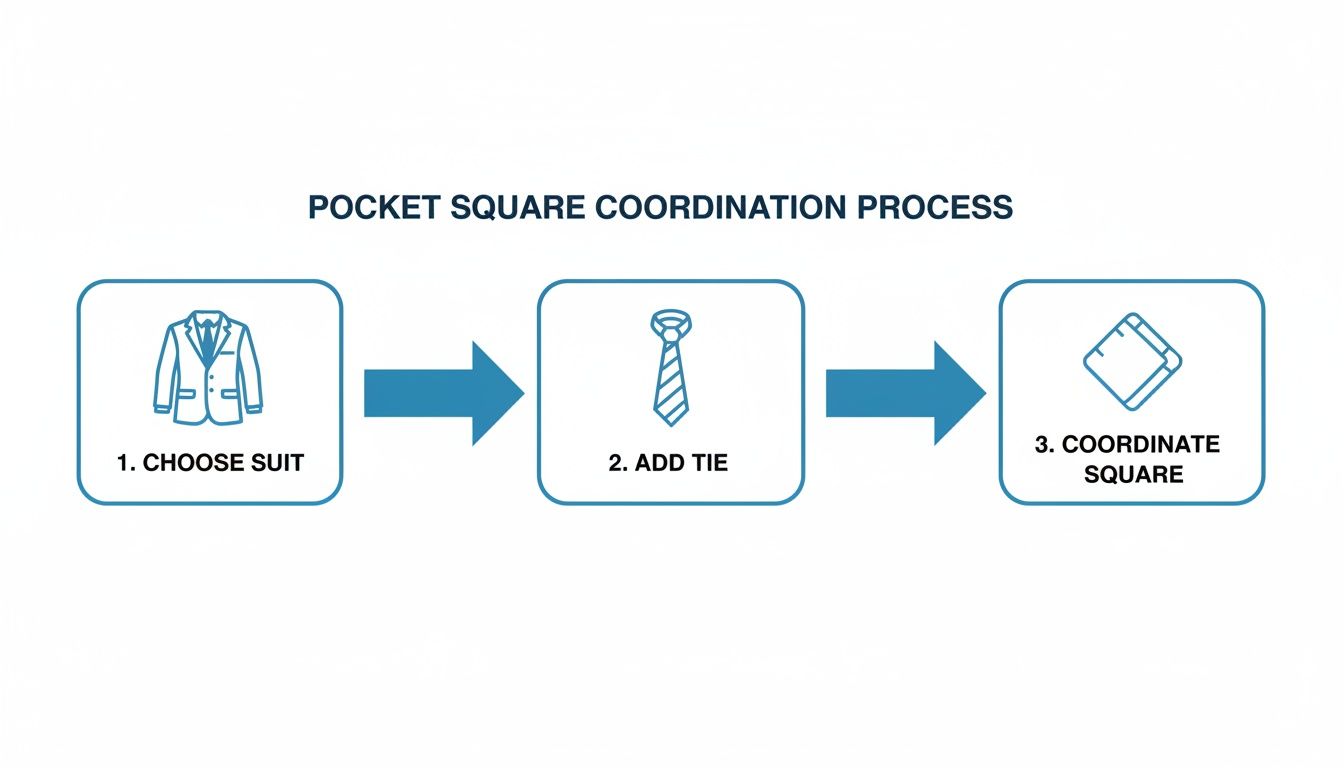 A three-step process diagram explaining pocket square coordination: choose suit, add tie, then coordinate square.
